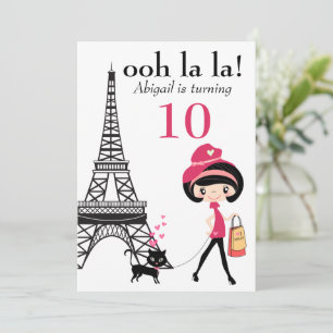 Invitación Chica Cute y Cat Paris Torre Eiffel Cumpleaños