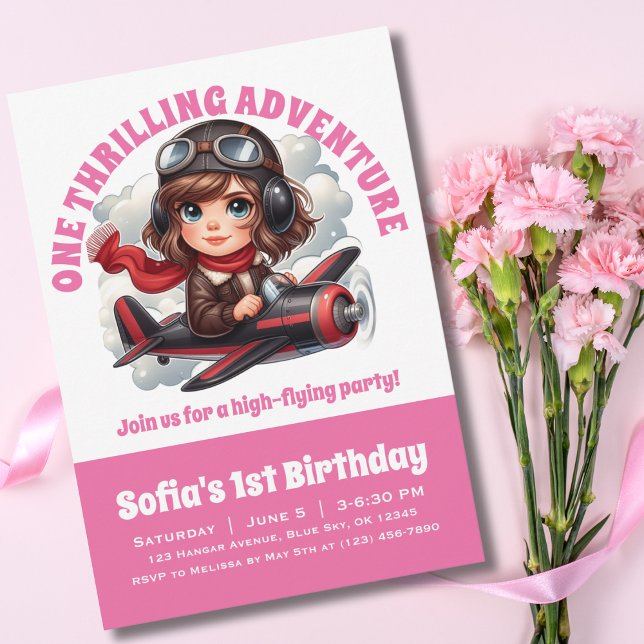 Invitación Chica Cuto Piloto vuela Avión, Cumpleaños Girly Ro (Subido por el creador)