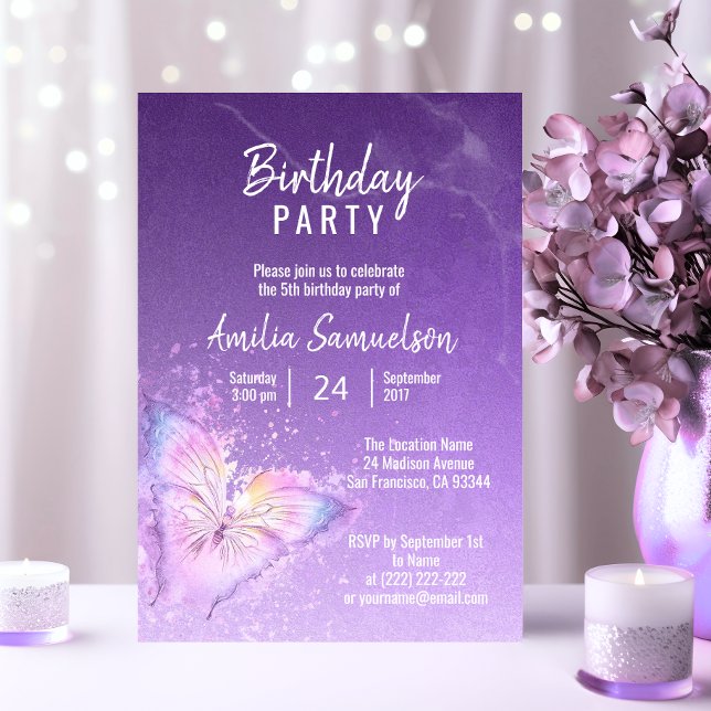 Invitación Chica Cuto Purple Butterfly Birday DIY Templates (Cute Girl Purple Butterfly Birthday DIY Templates)