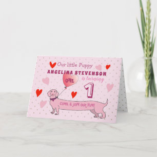 Invitación Chica de 1er Cumpleaños Perrita Rosa