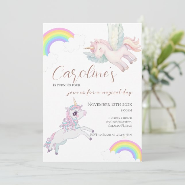 Invitación Chica de 3 años, con pony y arco iris (Anverso de pie)