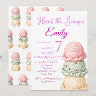 Invitación Chica de 7º cumpleaños de helado acuarela rosa
