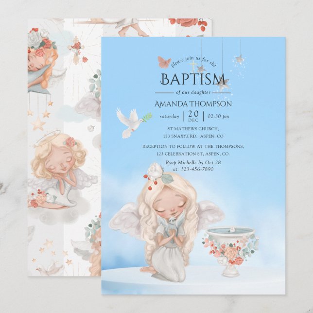 Invitación Chica de acuarela Angel Baptism (Anverso / Reverso)