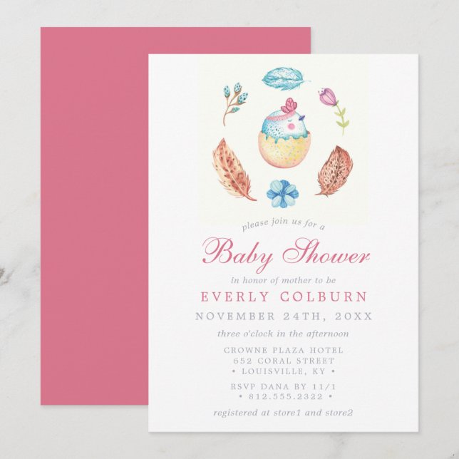 Invitación Chica de acuarela Bird Chick Boho Baby Shower (Anverso / Reverso)