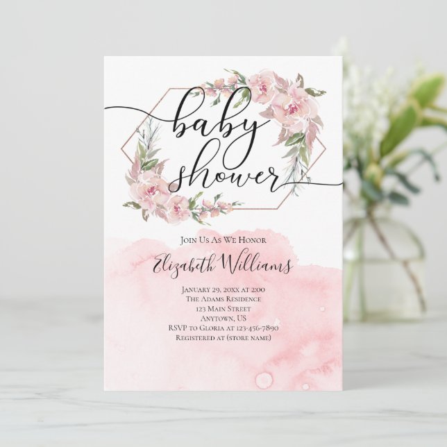 Invitación Chica de acuarela de flores rosadas Baby Shower (Anverso de pie)
