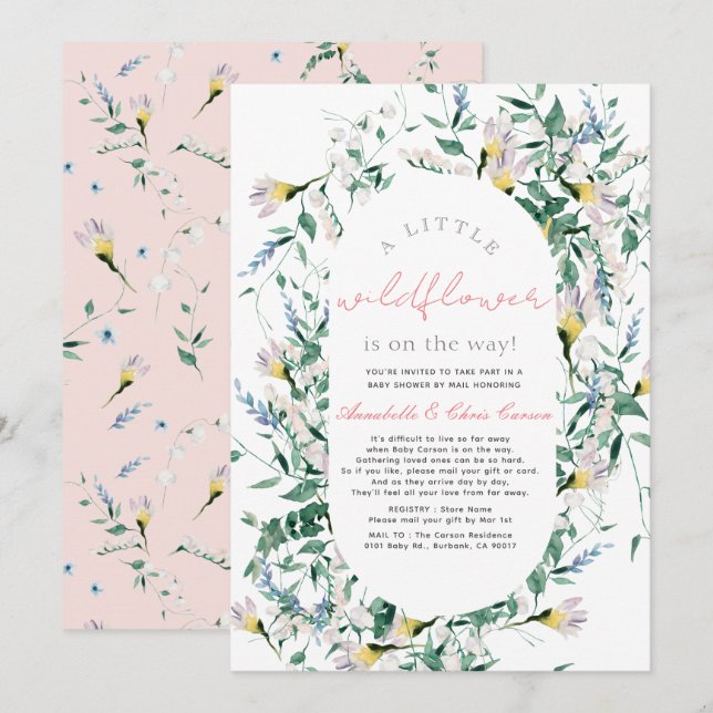 Invitación Chica de acuarela de flores silvestres Baby Shower (Anverso / Reverso)