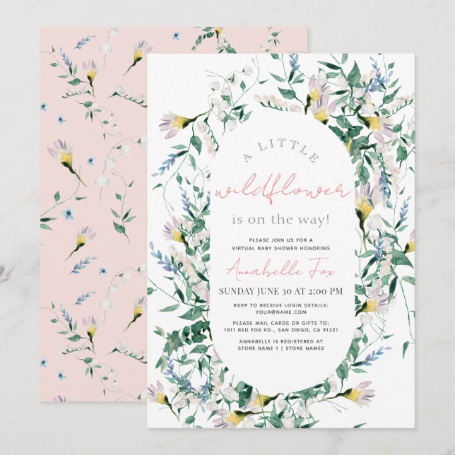 Invitación Chica de acuarela de flores silvestres Baby Shower (Anverso / Reverso)