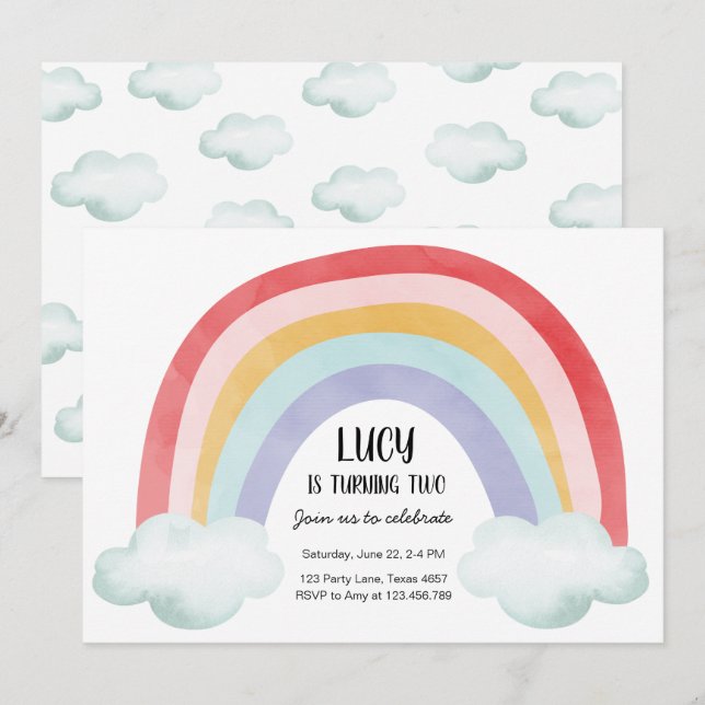 Invitación Chica de acuarela de la fiesta de cumpleaños Rainb (Anverso / Reverso)