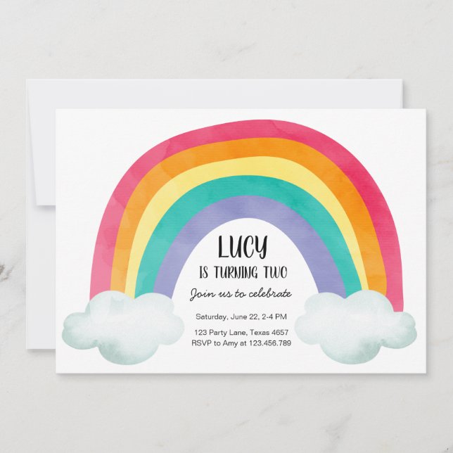 Invitación Chica de acuarela de la fiesta de cumpleaños Rainb (Anverso)
