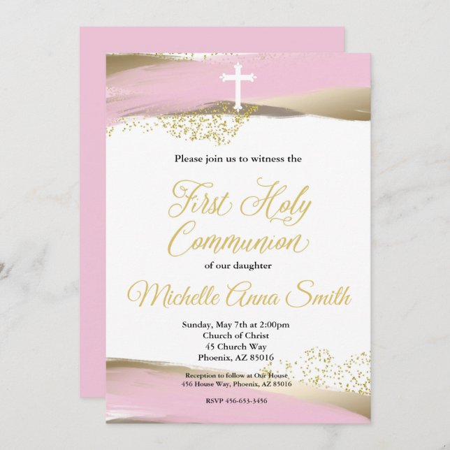 Invitación Chica de acuarela de oro rosa primera comunión sag (Anverso / Reverso)