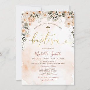Invitación Chica de acuarela floral cruza bautismo de oro
