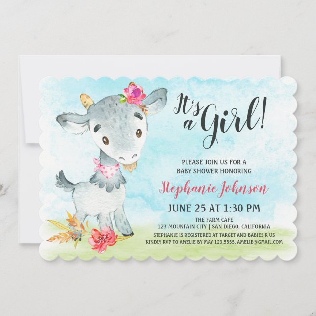 Invitación Chica de acuarela Granja de Baby Shower de cabra (Anverso)