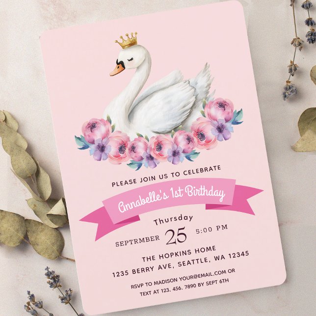 Invitación Chica de acuarela rosa de la princesa de cisne 1º  (Subido por el creador)