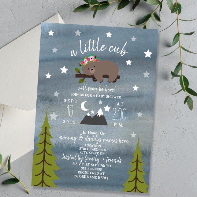 Invitación Chica de acuarela Sleepy Bear Cub Baby Shower (Subido por el creador)
