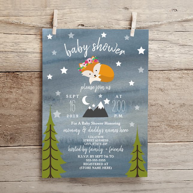Invitación Chica de acuarela Sleepy Fox Mountains Baby Shower (Subido por el creador)