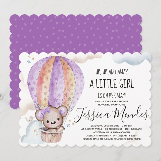 Invitación Chica de acuarela Teddy Bear Baby Shower (Anverso / Reverso)