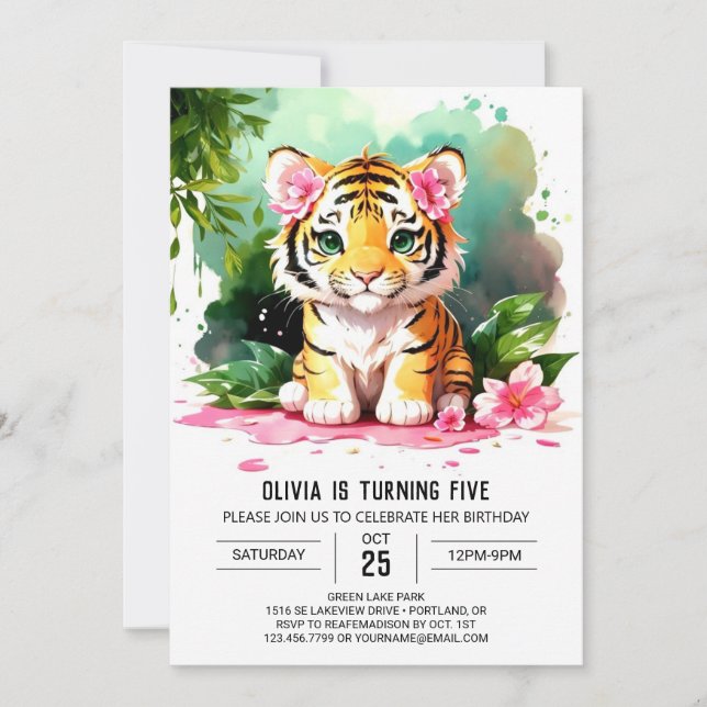 Invitación Chica de acuarela Tiger Personalizado Cumpleaños (Anverso)