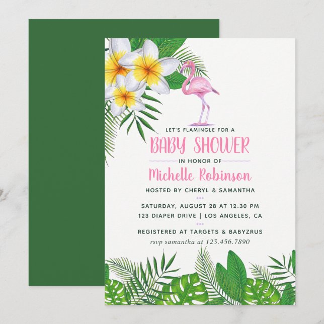 Invitación Chica de acuarela tropical Flamingo rosa Baby Show (Anverso / Reverso)