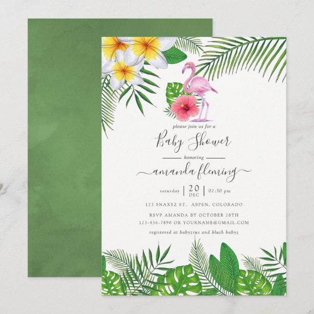 Invitación Chica de acuarela tropical Flamingo rosa Baby Show (Anverso / Reverso)