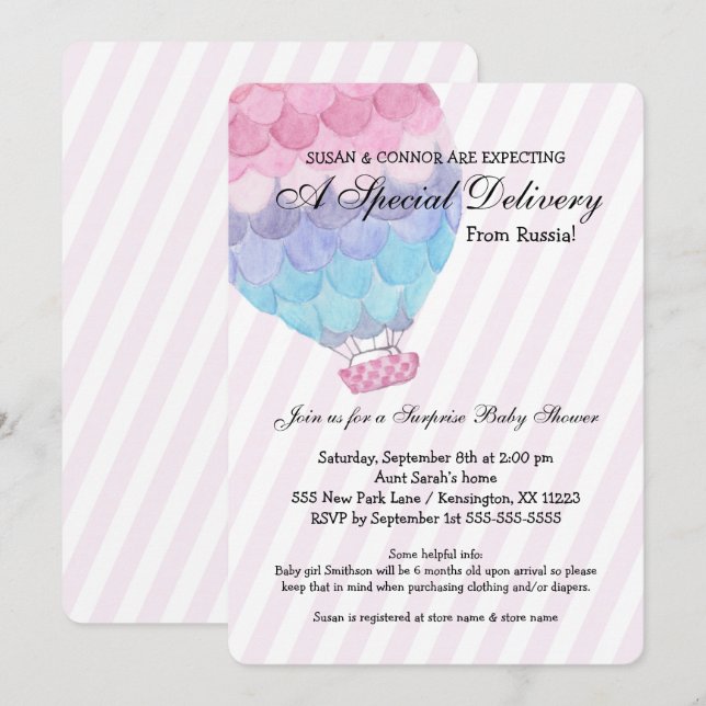Invitación Chica de adopción Baby Shower, globo de aire calie (Anverso / Reverso)