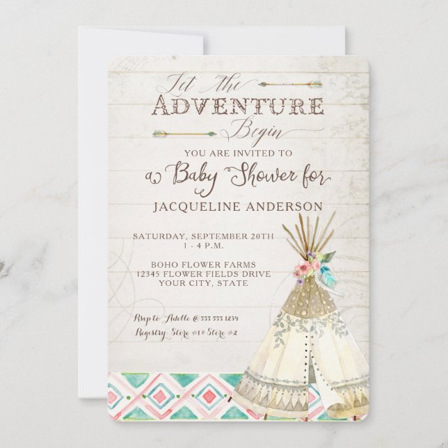 Invitación Chica de Adventure Baby Shower Teepee Wood Arrows  (Anverso)