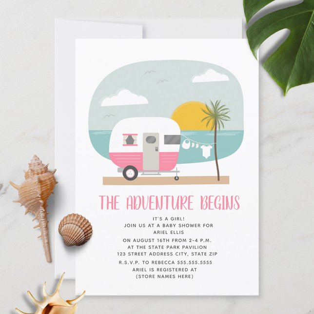 Invitación Chica de Adventure Pink Camper Beach Baby Shower (Subido por el creador)