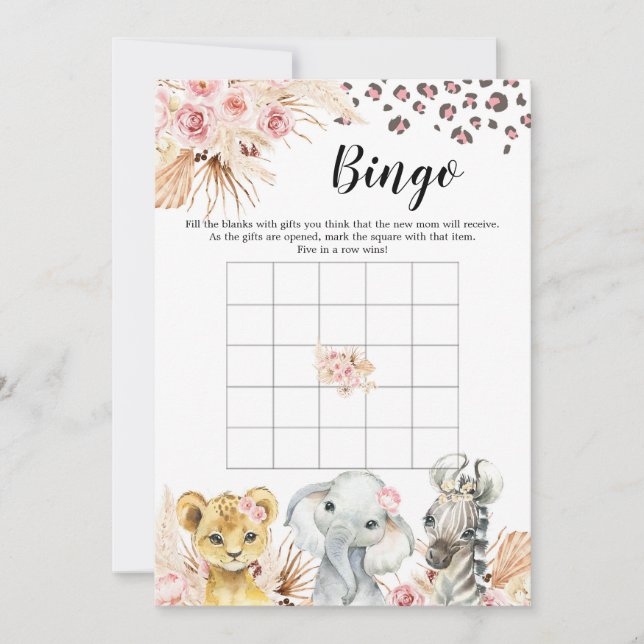 Invitación Chica de animales  Bebé Bingo Fiesta de Safari de  (Anverso)