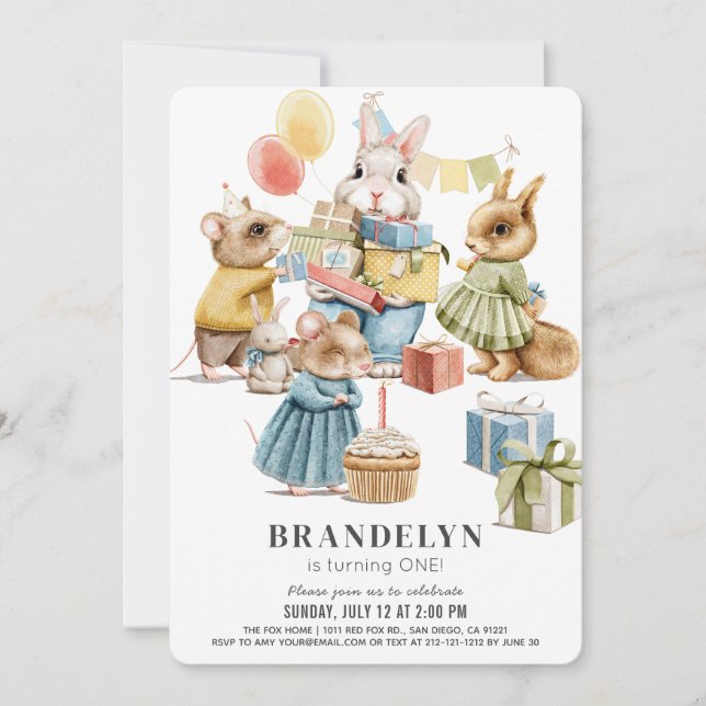 Invitación Chica de Animales Bien Vestidos Primer Cumpleaños (Anverso)