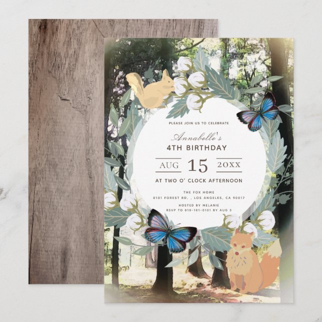 Invitación Chica de animales de bosque encantado (Anverso / Reverso)