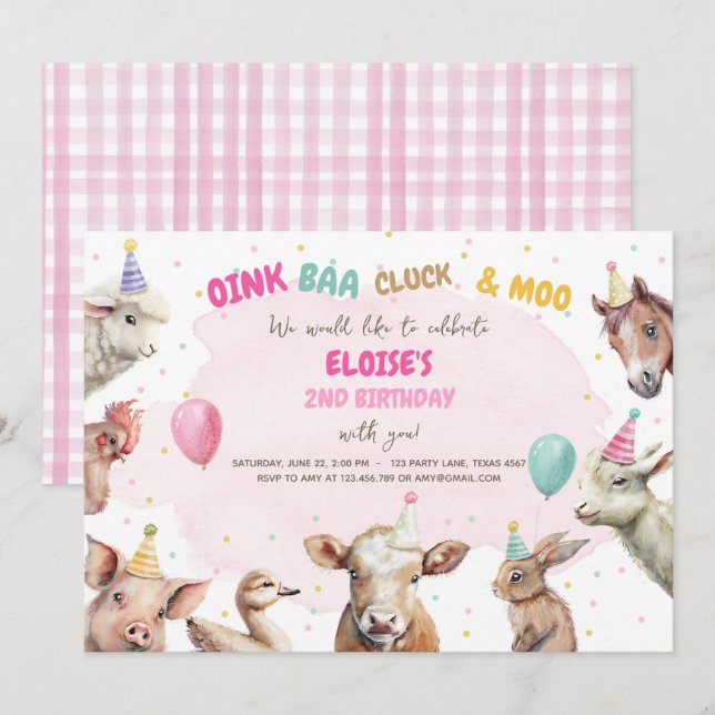 Invitación Chica de animales de granja Pink Gingham Barnyard  (Anverso / Reverso)