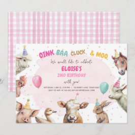 Invitación Chica de animales de granja Pink Gingham Barnyard 