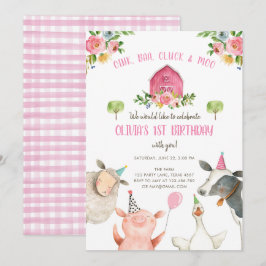 Invitación Chica de animales de granja Pink Gingham Barnyard 