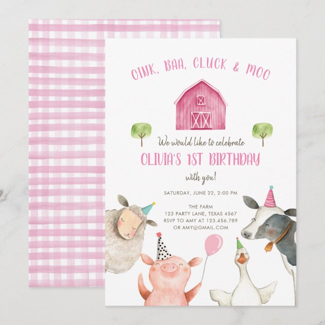 Invitación Chica de animales de granja Pink Gingham Barnyard  (Anverso / Reverso)