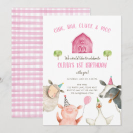 Invitación Chica de animales de granja Pink Gingham Barnyard 