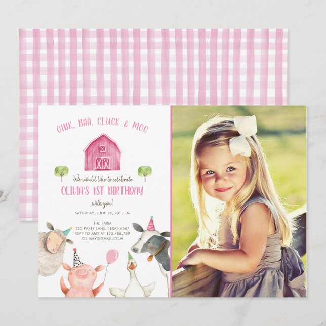 Invitación Chica de animales de granja Pink Gingham Barnyard  (Anverso / Reverso)