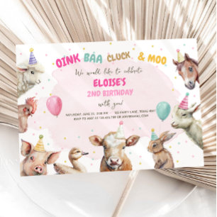 Invitación Chica de animales de granja Pink Gingham Barnyard