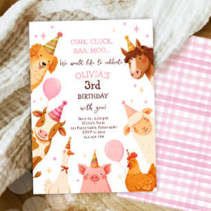 Invitación Chica de animales de granja Pink Gingham Barnyard 