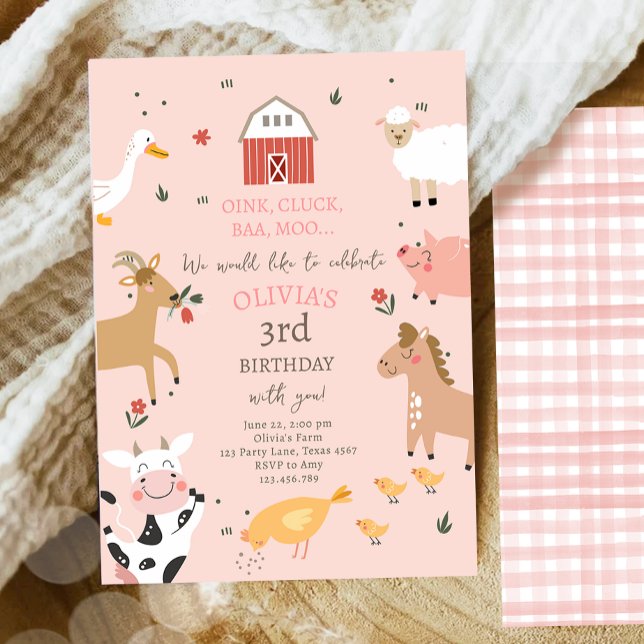 Invitación Chica de animales de granja Pink Gingham Barnyard  (Subido por el creador)