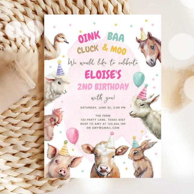 Invitación Chica de animales de granja Pink Gingham Barnyard  (Subido por el creador)