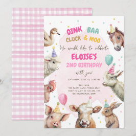 Invitación Chica de animales de granja Pink Gingham Barnyard 