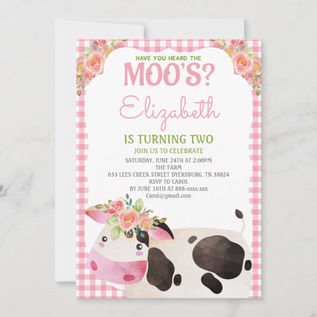 Invitación Chica de animales de granja Pink Gingham Birthday  (Anverso)