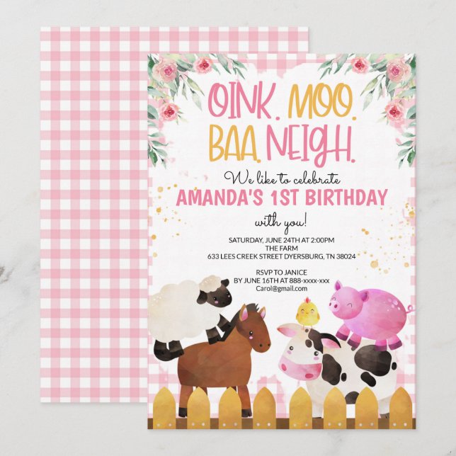 Invitación Chica de animales de granja Pink Gingham Birthday  (Anverso / Reverso)