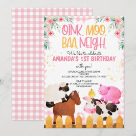 Invitación Chica de animales de granja Pink Gingham Birthday