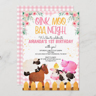 Invitación Chica de animales de granja Pink Gingham Birthday
