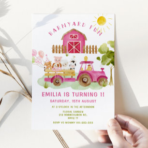 Invitación Chica de animales de granja rosa fiesta de primer