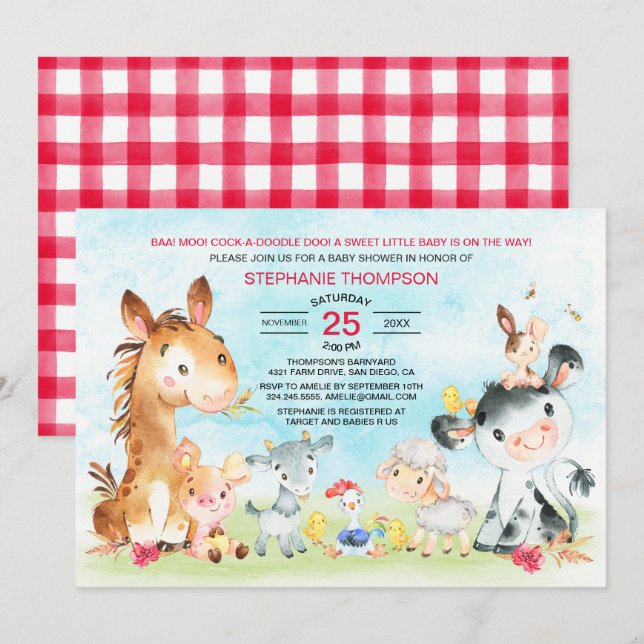 Invitación Chica de animales de la granja de acuarela Baby Sh (Anverso / Reverso)