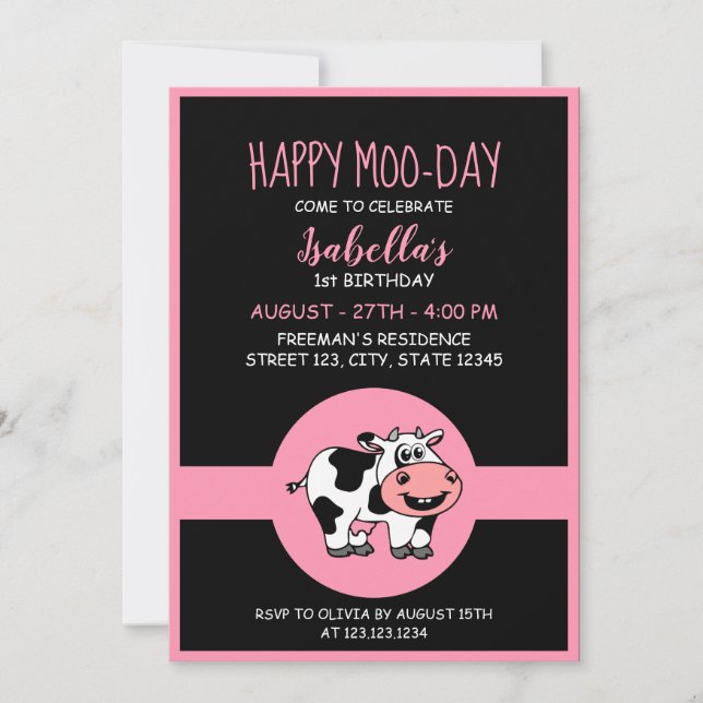 Invitación Chica de animales de la granja de vaca Cute 1 cump (Anverso)