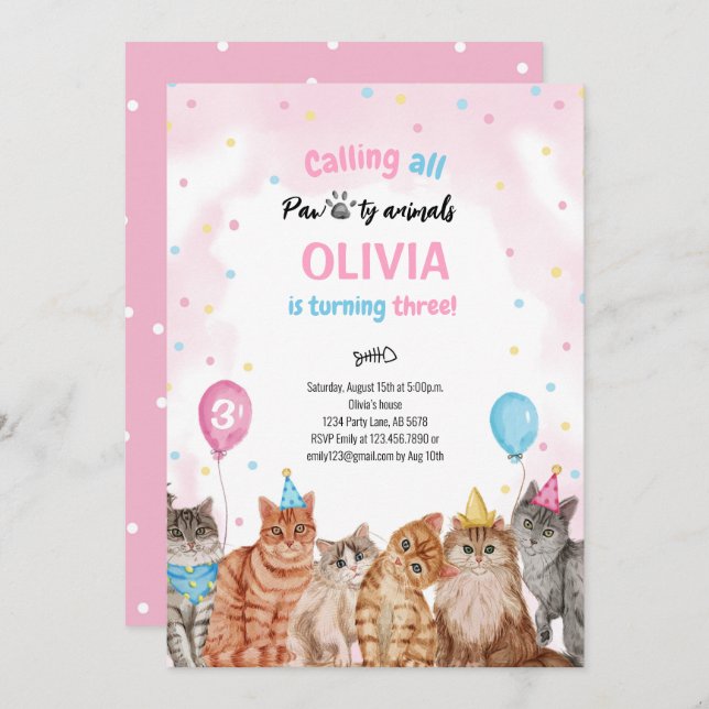 Invitación Chica de animales de la sección de gatos Cumpleaño (Anverso / Reverso)