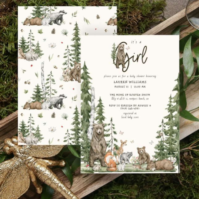 Invitación Chica de animales de Woodland Bearly Wait Baby Sho (It's a Girl Baby Shower Invitation)