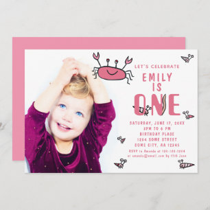 Invitación Chica de animales del mar de cangrejo rosa foto pr